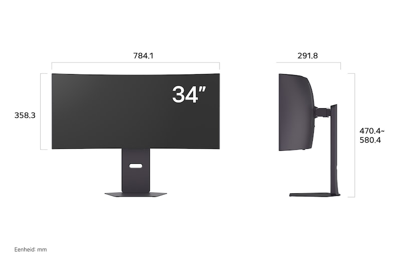 LG Monitor 34GX900A in een donkere uitvoering toont productafmetingen van het gebogen scherm, met een meting van 784.1 mm breedte, 358.3 mm displayhoogte, 470.4~580.4 mm totale hoogte en 291.8 mm diepte.