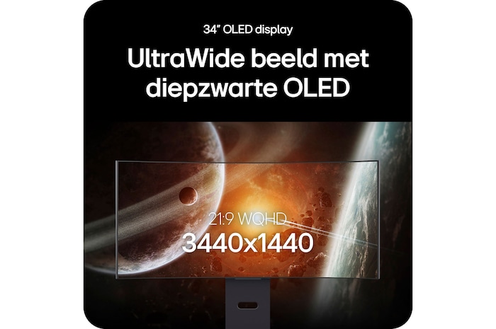 LG Monitor 34GX900A toont het 34-inch UltraWide OLED-scherm, met de 21:9 WQHD (3440x1440) resolutie en diepzwart OLED technologie voor verbluffende beelden.