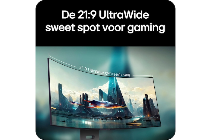 LG Monitor 34GX900A levert de 21:9 UltraWide QHD (3440 x 1440) gaming sweetspot via het gebogen scherm voor een breed en meeslepend gezichtsveld.