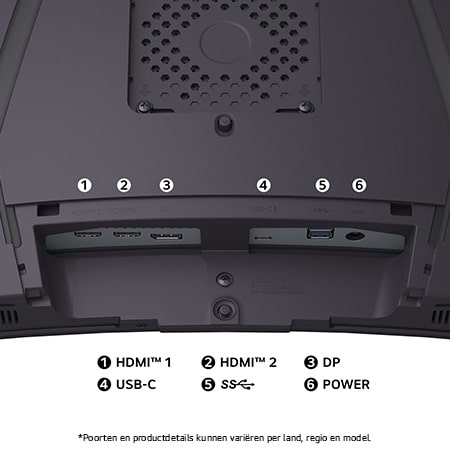 Achteraanzicht van de LG Monitor 34GX900A in een donkere uitvoering, toont de poortspecificaties met twee HDMI™-poorten, DP, USB-C en een USB-aansluiting.
