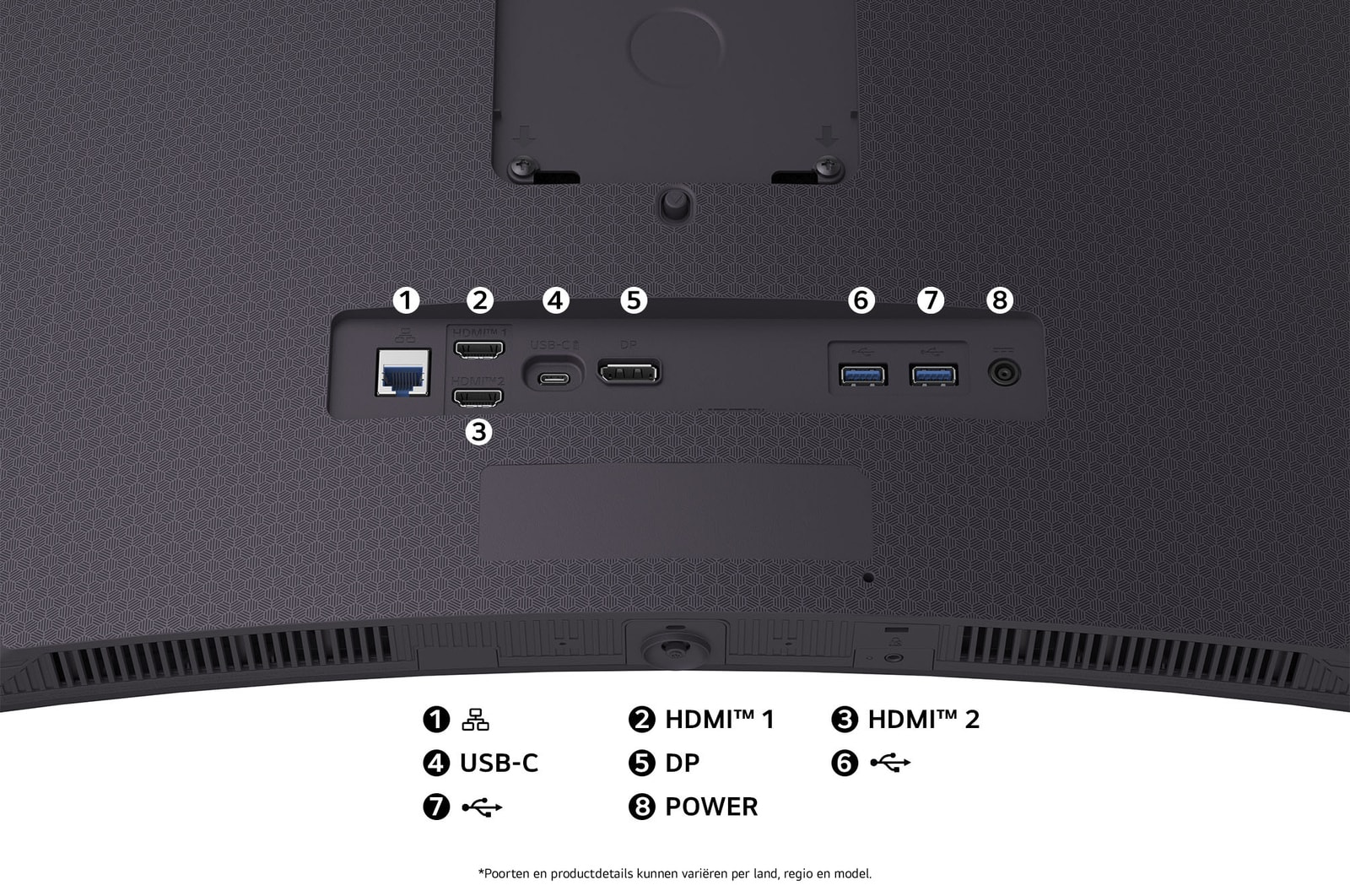 Achteraanzicht van de LG Monitor 45GX900A-B in een donkere uitvoering, toont de poortspecificaties met LAN-aansluiting, USB-C, DP en twee HDMI™-poorten.