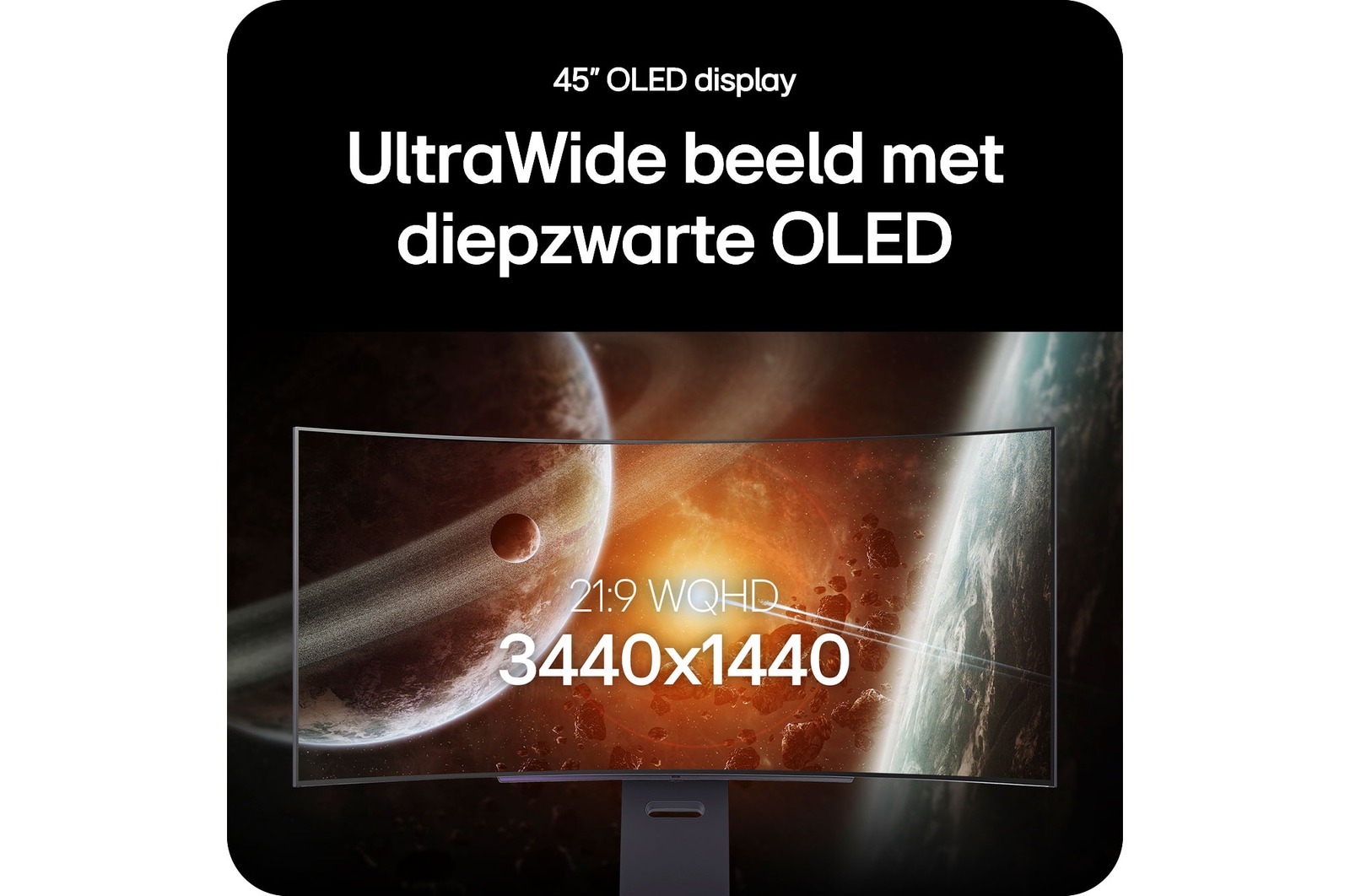 LG Monitor 45GX900A-B toont het 45-inch UltraWide OLED-scherm, met de 21:9 WQHD (3440x1440) resolutie en diepzwart OLED technologie voor verbluffende beelden.