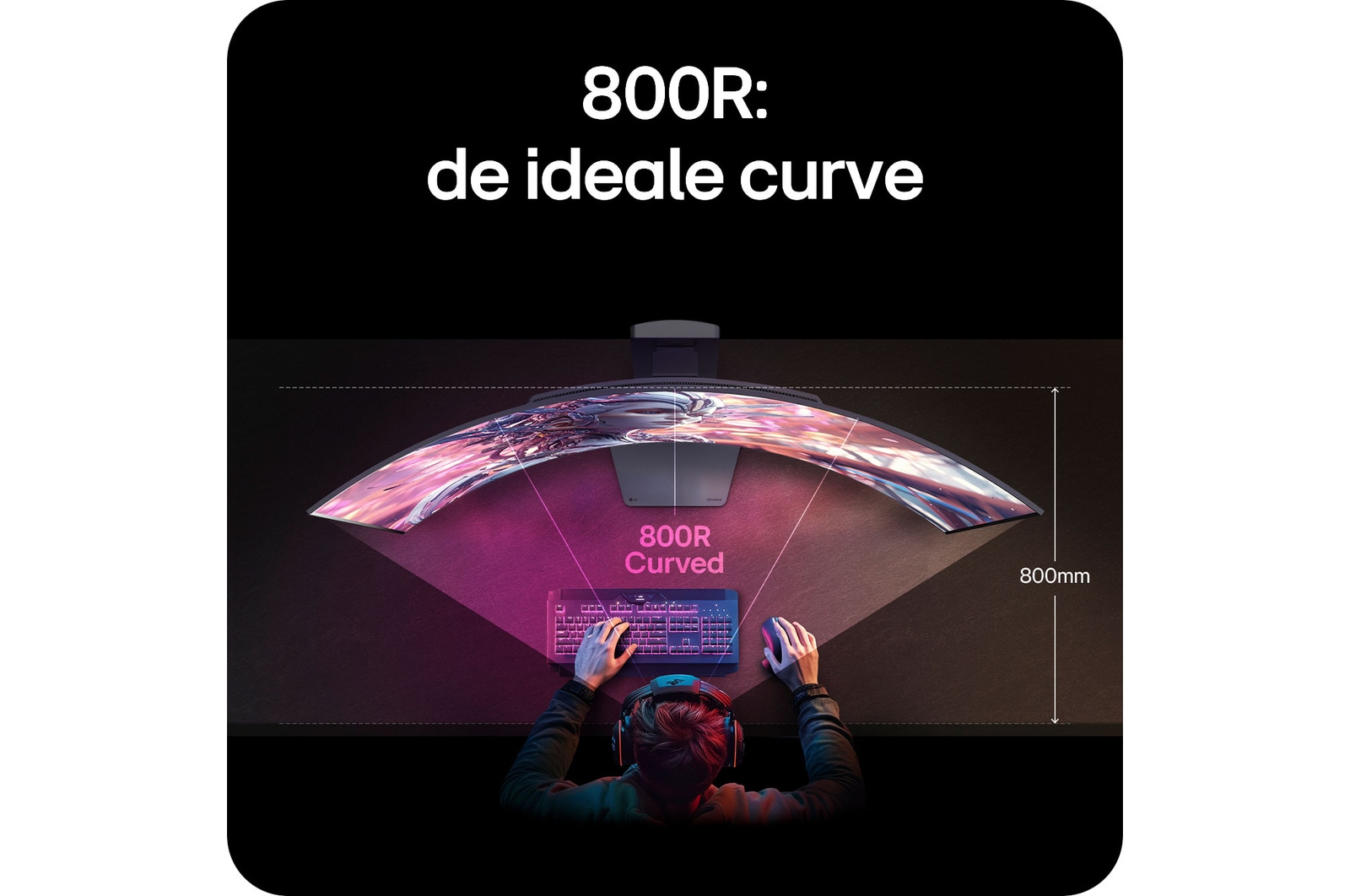 LG Monitor 45GX900A-B demonstreert de optimale 800R-kromming, die het gezichtsveld van de gebruiker omvat en maximale onderdompeling voor gaming biedt.