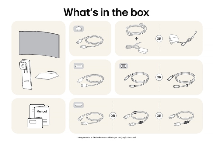 LG Monitor 45GX900A-B toont een overzicht van alle meegeleverde onderdelen, inclusief monitorbehuizing, standaardonderdelen, handleiding, stroomadapter en USB-C-, DP- en HDMI-kabels.
