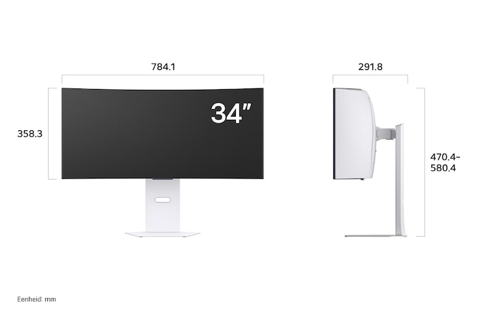 LG Monitor 34GX90SA in een witte uitvoering toont productafmetingen van het gebogen scherm, met een meting van 784.1 mm breedte, 358.3 mm displayhoogte, 470.4~580.4 mm totale hoogte en 291.8 mm diepte.