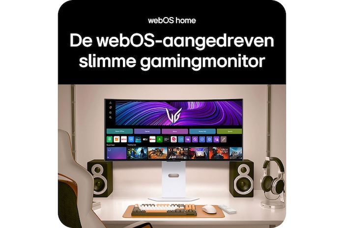 LG UltraGear Gaming Monitor 34GX90SA-W toont het webOS Home scherm met Smart TV-apps en afstandsbediening, de slimme gaming monitor.