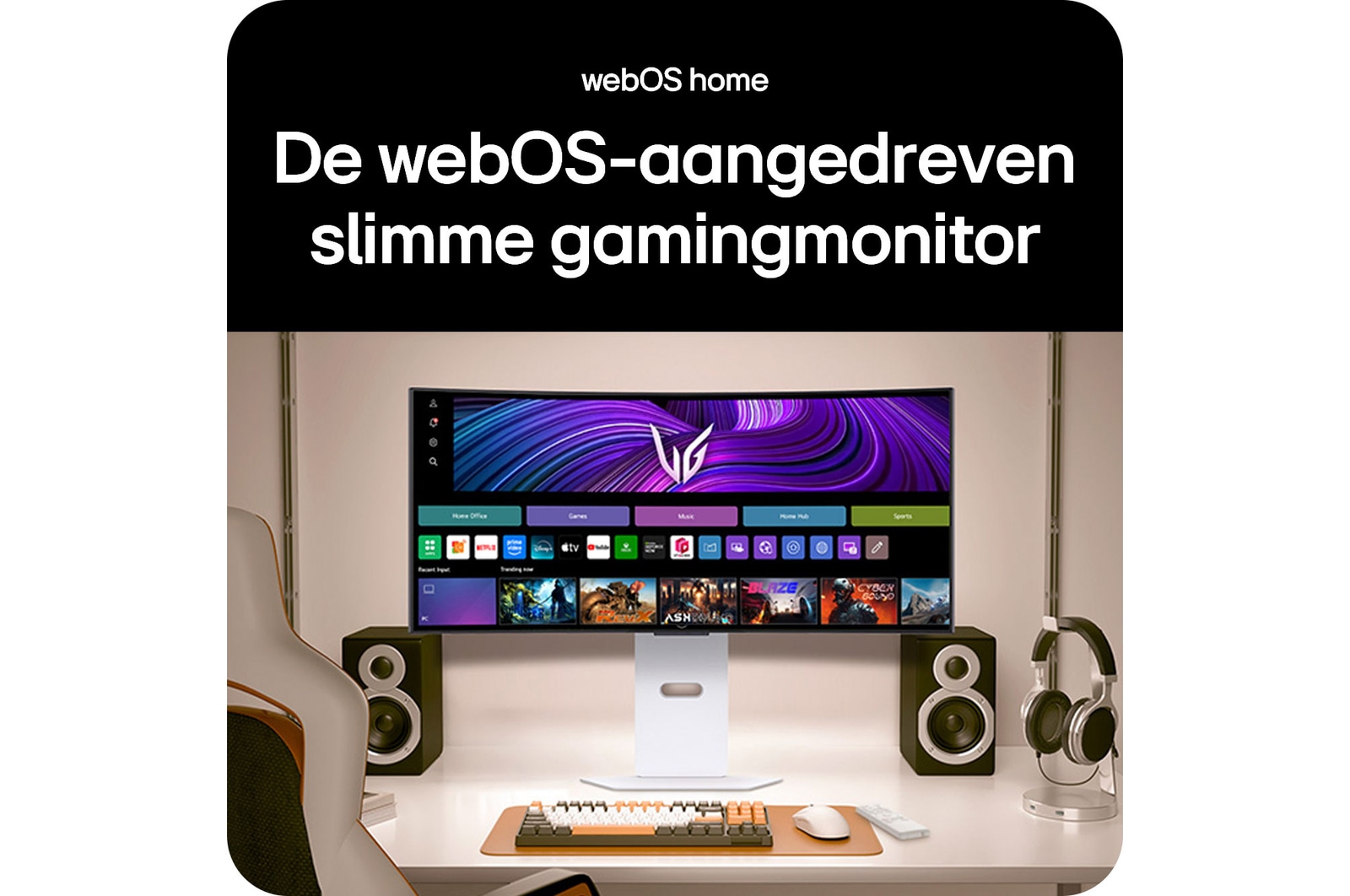 LG UltraGear Gaming Monitor 34GX90SA-W toont het webOS Home scherm met Smart TV-apps en afstandsbediening, de slimme gaming monitor.
