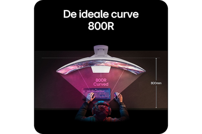 LG Monitor 34GX90SA demonstreert de optimale 800R-kromming, die het gezichtsveld van de gebruiker omvat en maximale onderdompeling voor gaming biedt.