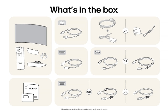 LG Monitor 34GX90SA toont een overzicht van alle meegeleverde onderdelen, inclusief monitorbehuizing, standaardonderdelen, handleiding, stroomadapter en USB-C-, DP- en HDMI-kabels.