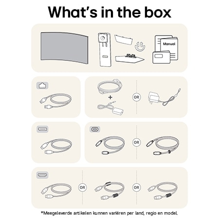 LG Monitor 34GX90SA toont een overzicht van alle meegeleverde onderdelen, inclusief monitorbehuizing, standaardonderdelen, handleiding, stroomadapter en USB-C-, DP- en HDMI-kabels.