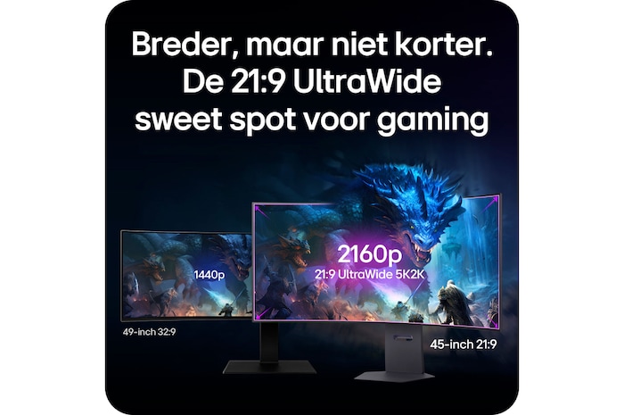 LG Monitor 45GX950A toont de 21:9 UltraWide 5K2K (5120x2160) gaming sweetspot, waarbij de visuele superioriteit ten opzichte van een 32:9 monitor wordt gedemonstreerd.