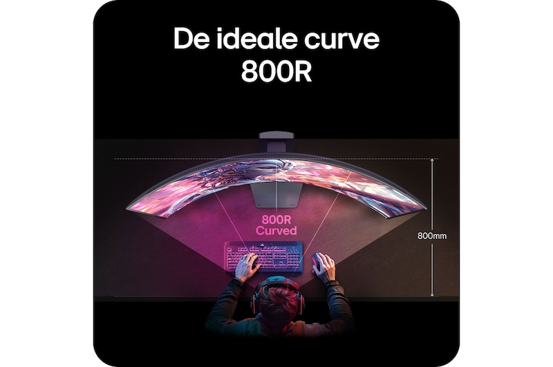LG Monitor 45GX950A demonstreert de ideale 800R-kromming, die het gezichtsveld van de gebruiker omvat en maximale onderdompeling voor gaming biedt.