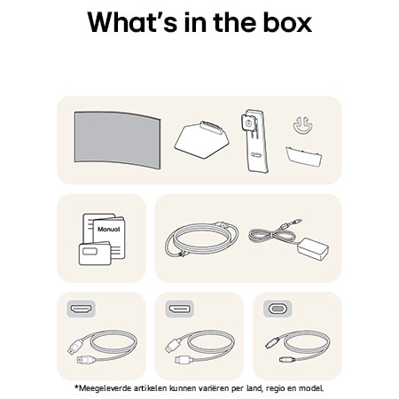 LG Monitor 45GX950A toont een overzicht van alle meegeleverde onderdelen, inclusief monitorbehuizing, standaardonderdelen, handleiding, stroomadapter en HDMI-, DP- en USB-C-kabels.