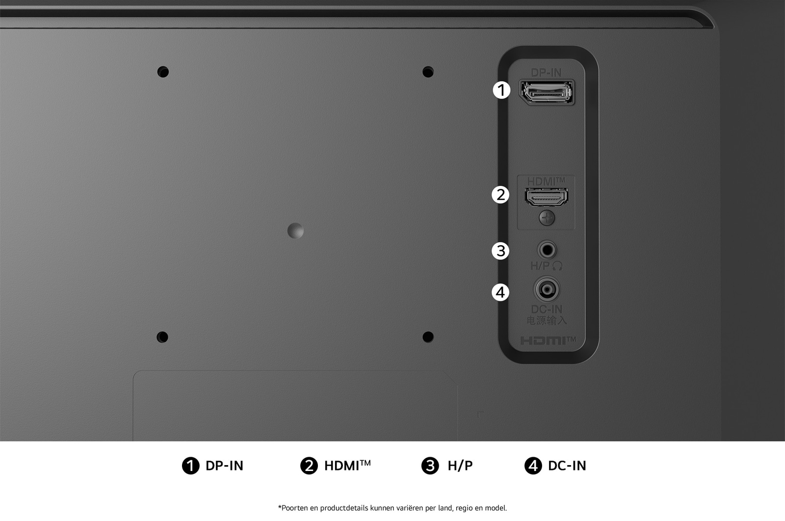 Achteraanzicht van de LG Monitor 29U511A in een zwarte uitvoering, toont de poortspecificaties met DP-IN, één HDMI™-poort, H/P-poort en de DC-IN stroomingang.