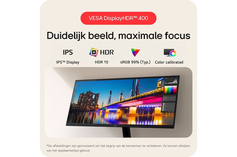 LG Monitor 29U511A toont gedetailleerd contrast dankzij HDR 10, IPS™-scherm en sRGB 99% (Typ.) kleurdekking.