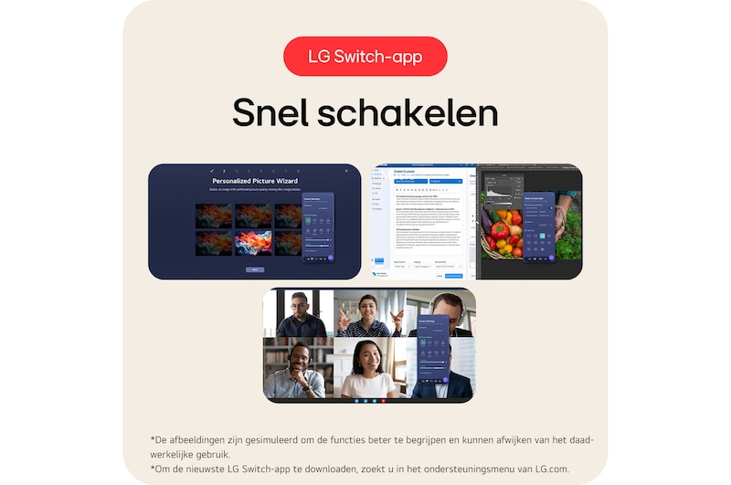LG Monitor 29U511A demonstreert de LG Switch App functie, die snel schakelen tussen verschillende scherminstellingen en weergavemodi mogelijk maakt.