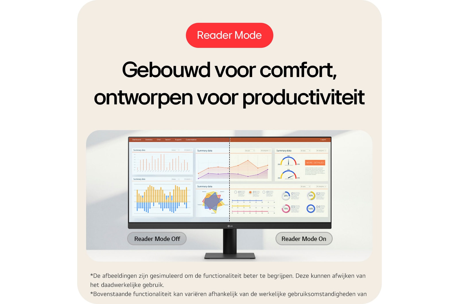 LG Monitor 29U511A demonstreert de Leesmodus (Reader Mode), ontworpen voor comfort en ontwikkeld voor productiviteit door de reductie van blauw licht.