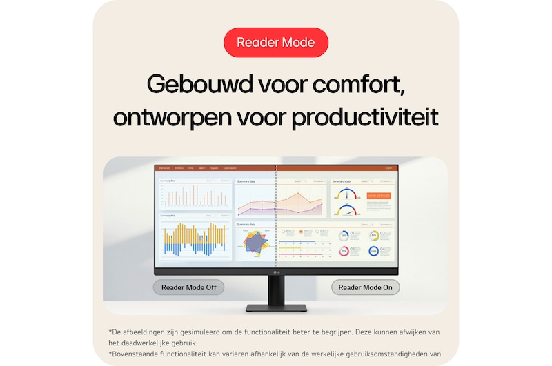 LG Monitor 29U511A demonstreert de Leesmodus (Reader Mode), ontworpen voor comfort en ontwikkeld voor productiviteit door de reductie van blauw licht.