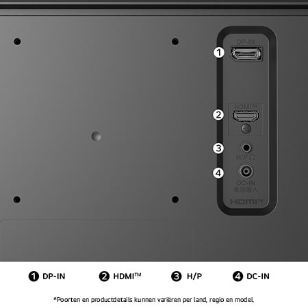 Achteraanzicht van de LG Monitor 29U511A in een zwarte uitvoering, toont de poortspecificaties met DP-IN, één HDMI™-poort, H/P-poort en de DC-IN stroomingang.