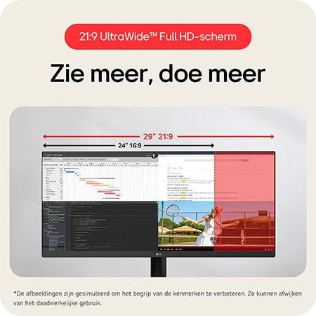 LG Monitor 29U511A toont het 21:9 UltraWide™ Full HD Scherm, dat meer schermruimte biedt voor multitasking en werk.