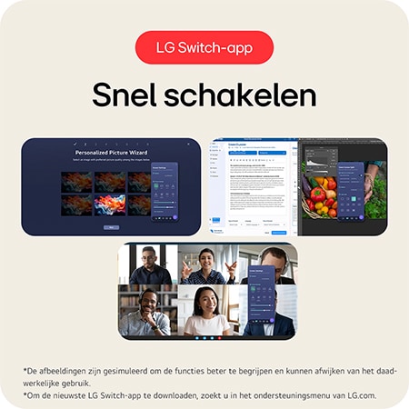 LG Monitor 29U511A demonstreert de LG Switch App functie, die snel schakelen tussen verschillende scherminstellingen en weergavemodi mogelijk maakt.