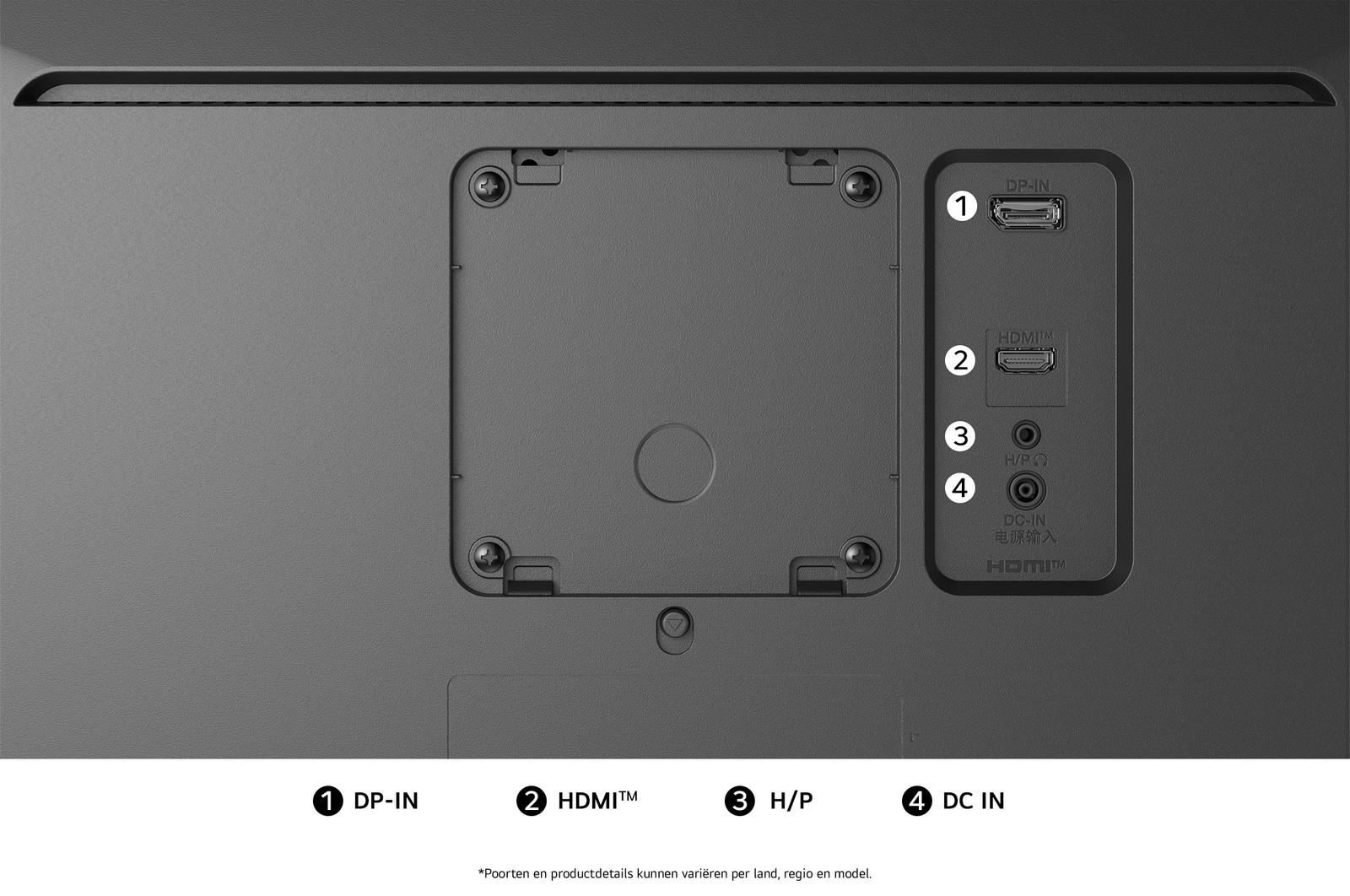Achteraanzicht van de LG Monitor 34U511A in een zwarte uitvoering, toont de poortspecificaties met DP-IN, één HDMI™-poort, H/P-poort en de DC-IN stroomingang.