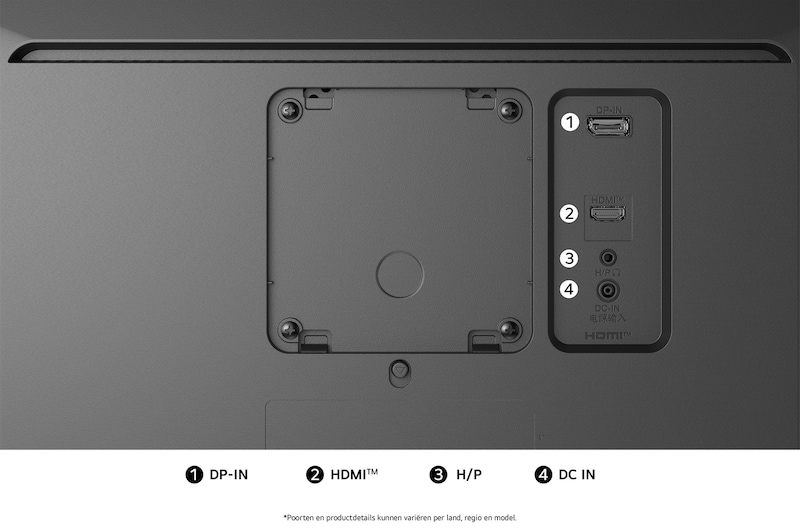 Achteraanzicht van de LG Monitor 34U511A in een zwarte uitvoering, toont de poortspecificaties met DP-IN, één HDMI™-poort, H/P-poort en de DC-IN stroomingang.