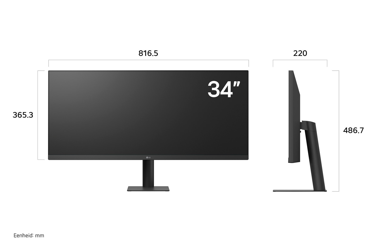LG Monitor 34U511A in een zwarte uitvoering toont productafmetingen in voor- en zijprofiel, met een meting van 816.5 mm breedte, 365.3 mm displayhoogte, 486.7 mm totale hoogte en 220 mm diepte.
