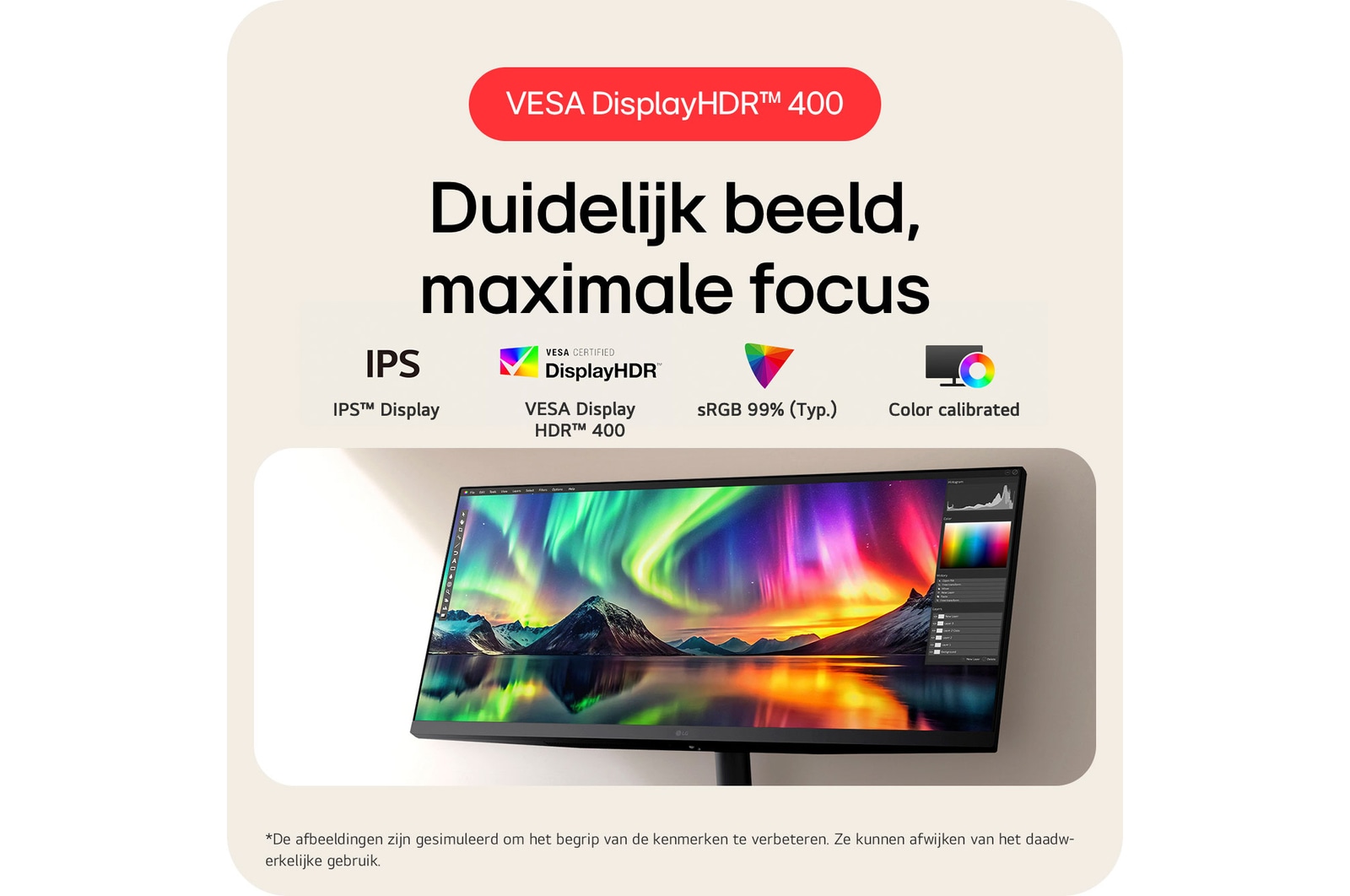 LG Monitor 34U511A zorgt voor helderheid en focus dankzij VESA DisplayHDR™ 400, IPS™-scherm en sRGB 99% (Typ.) kleurdekking.