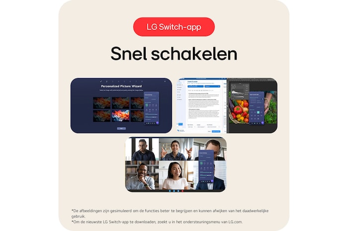 LG Monitor 34U511A demonstreert de LG Switch App functie, die snel schakelen tussen verschillende scherminstellingen en weergavemodi mogelijk maakt.