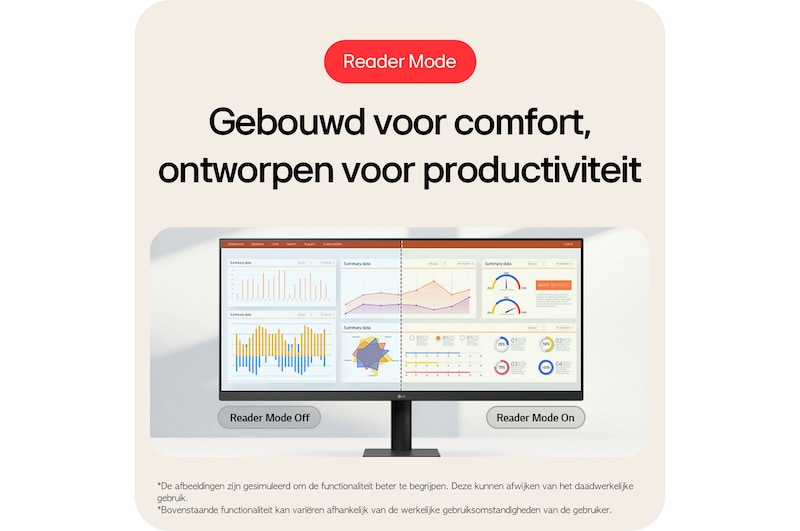 LG Monitor 34U511A demonstreert de Leesmodus (Reader Mode), ontworpen voor comfort en ontwikkeld voor productiviteit door de reductie van blauw licht.