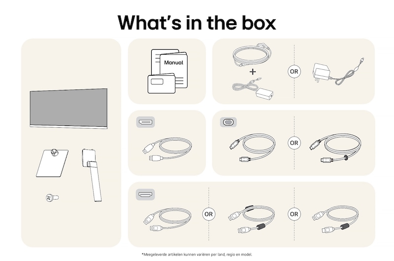 LG Monitor 34U511A toont een overzicht van alle meegeleverde onderdelen, inclusief de monitorbehuizing, standaardonderdelen, handleiding en HDMI-, DP- en USB-C-kabels.