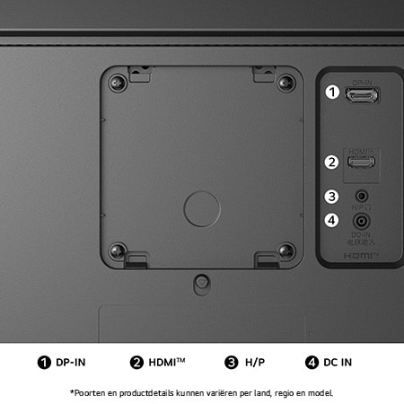 Achteraanzicht van de LG Monitor 34U511A in een zwarte uitvoering, toont de poortspecificaties met DP-IN, één HDMI™-poort, H/P-poort en de DC-IN stroomingang.