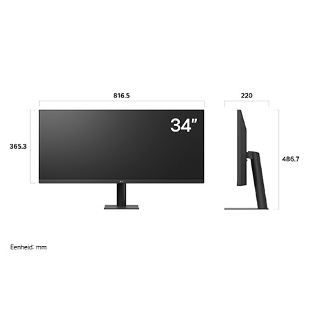 LG Monitor 34U511A in een zwarte uitvoering toont productafmetingen in voor- en zijprofiel, met een meting van 816.5 mm breedte, 365.3 mm displayhoogte, 486.7 mm totale hoogte en 220 mm diepte.