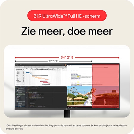 LG Monitor 34U511A toont het 21:9 UltraWide™ Full HD Scherm, dat meer schermruimte biedt voor multitasking en werk.