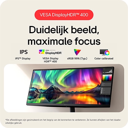 LG Monitor 34U511A zorgt voor helderheid en focus dankzij VESA DisplayHDR™ 400, IPS™-scherm en sRGB 99% (Typ.) kleurdekking.