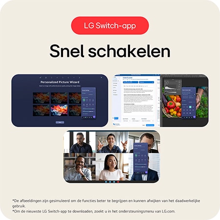 LG Monitor 34U511A demonstreert de LG Switch App functie, die snel schakelen tussen verschillende scherminstellingen en weergavemodi mogelijk maakt.