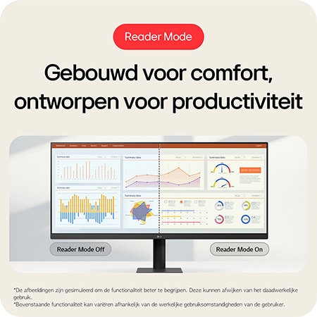 LG Monitor 34U511A demonstreert de Leesmodus (Reader Mode), ontworpen voor comfort en ontwikkeld voor productiviteit door de reductie van blauw licht.