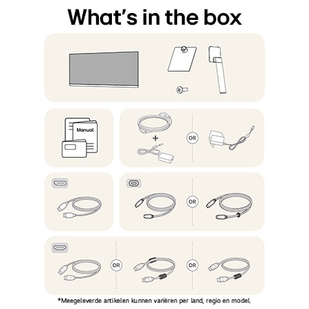 LG Monitor 34U511A toont een overzicht van alle meegeleverde onderdelen, inclusief de monitorbehuizing, standaardonderdelen, handleiding en HDMI-, DP- en USB-C-kabels.