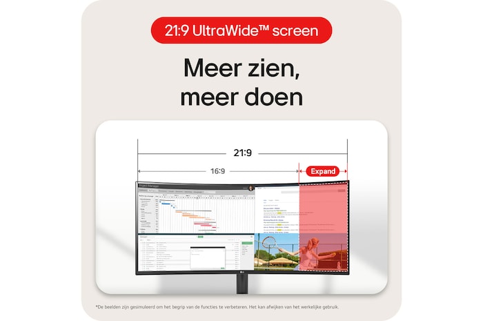 LG Monitor 34WR50QK toont het 21:9 UltraWide™ Scherm, dat meer schermruimte biedt voor multitasking en uitgebreide functies.