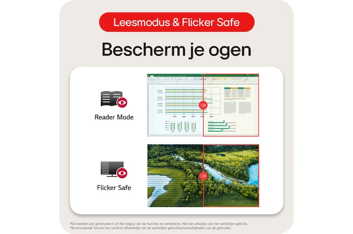 LG Monitor 34WR50QK demonstreert de Leesmodus (Reader Mode) en Flicker Safe functies, die zijn ontworpen om de ogen te beschermen.