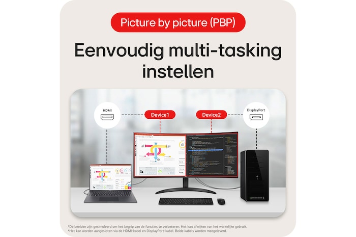 LG Monitor 34WR50QK demonstreert de Picture-by-Picture (PBP) technologie, die een eenvoudige multitasking-opstelling met twee afzonderlijke apparaten mogelijk maakt.