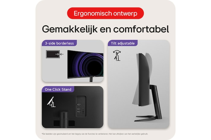 LG UltraWide Monitor 34WR50QK-B toont ergonomisch ontwerp: **3-zijdig randloos**, **kantelbare** standaard en **One Click Stand** voor optimaal comfort en eenvoudige montage.