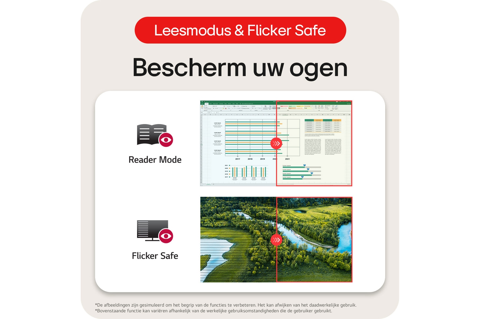 LG UltraWide Monitor 34WR55QK maakt gebruik van Reader Mode en Flicker Safe technologieën om de ogen te beschermen en langdurig kijkcomfort te bieden.