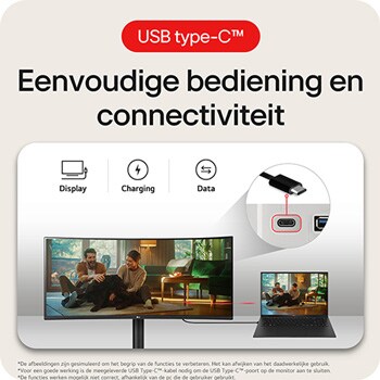 LG UltraWide Monitor 34WR55QK-B toont eenvoudige connectiviteit: USB Type-C poort levert display, opladen (Charging) en data via één kabel.