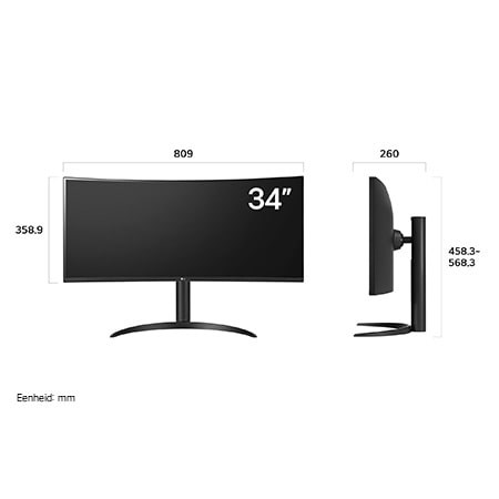 LG UltraWide Monitor 34WR55QK in matzwarte afwerking toont productafmetingen, met een meting van 809 mm breedte, 358,9 mm displayhoogte, 458,3 mm tot 568,3 mm totale hoogte en 260 mm diepte.