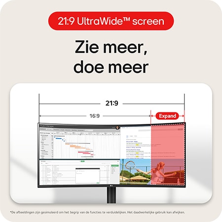 LG UltraWide Monitor 34WR55QK toont het 21:9 UltraWide™ scherm, dat een uitgebreide werkruimte voor multitasking biedt in vergelijking met 16:9.
