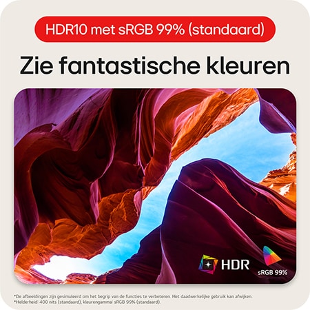 LG UltraWide Monitor 34WR55QK met HDR10 en sRGB 99% kleurruimte, toont verbazingwekkende en levendige kleuren.