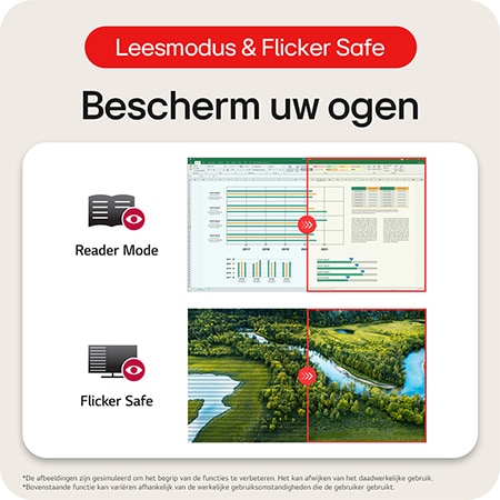 LG UltraWide Monitor 34WR55QK maakt gebruik van Reader Mode en Flicker Safe technologieën om de ogen te beschermen en langdurig kijkcomfort te bieden.