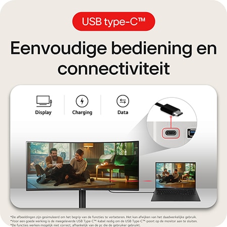 LG UltraWide Monitor 34WR55QK-B toont eenvoudige connectiviteit: USB Type-C poort levert display, opladen (Charging) en data via één kabel.